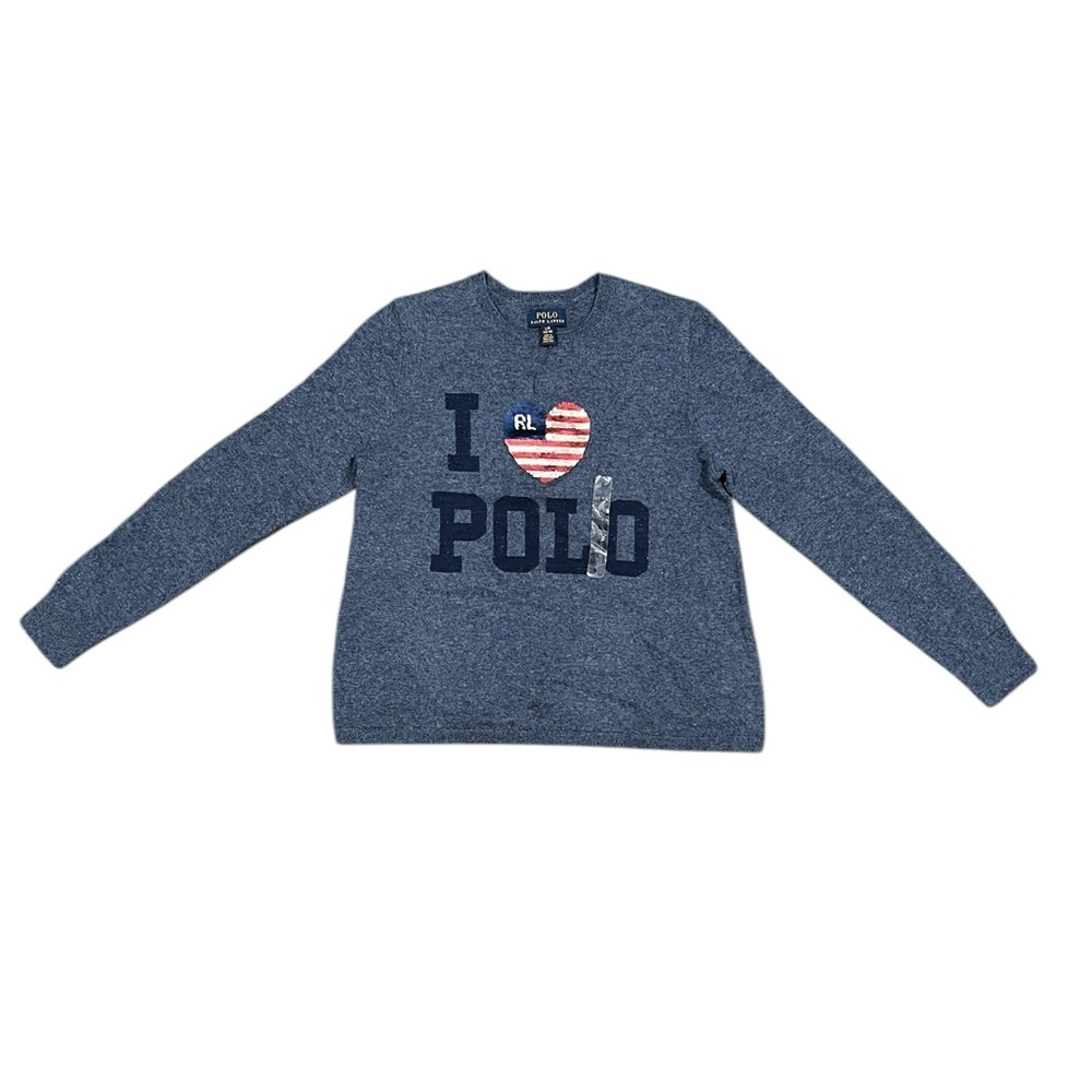 Polo Ralph Lauren Sweater Girls Blue I Heart USA flag Polo Pullover Size L 12-14 - Picture 3 of 11